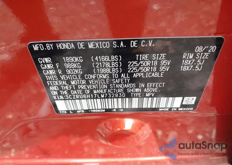 2020 Honda Hr-V Awd Sport from USA, damaged, VIN 3CZRU6H17LM732830